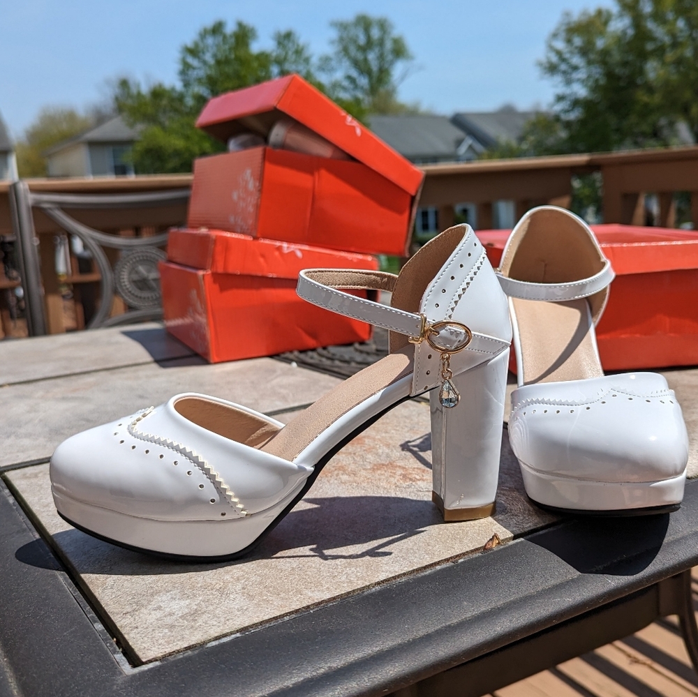 Retro Stage Mary Jane Heels White